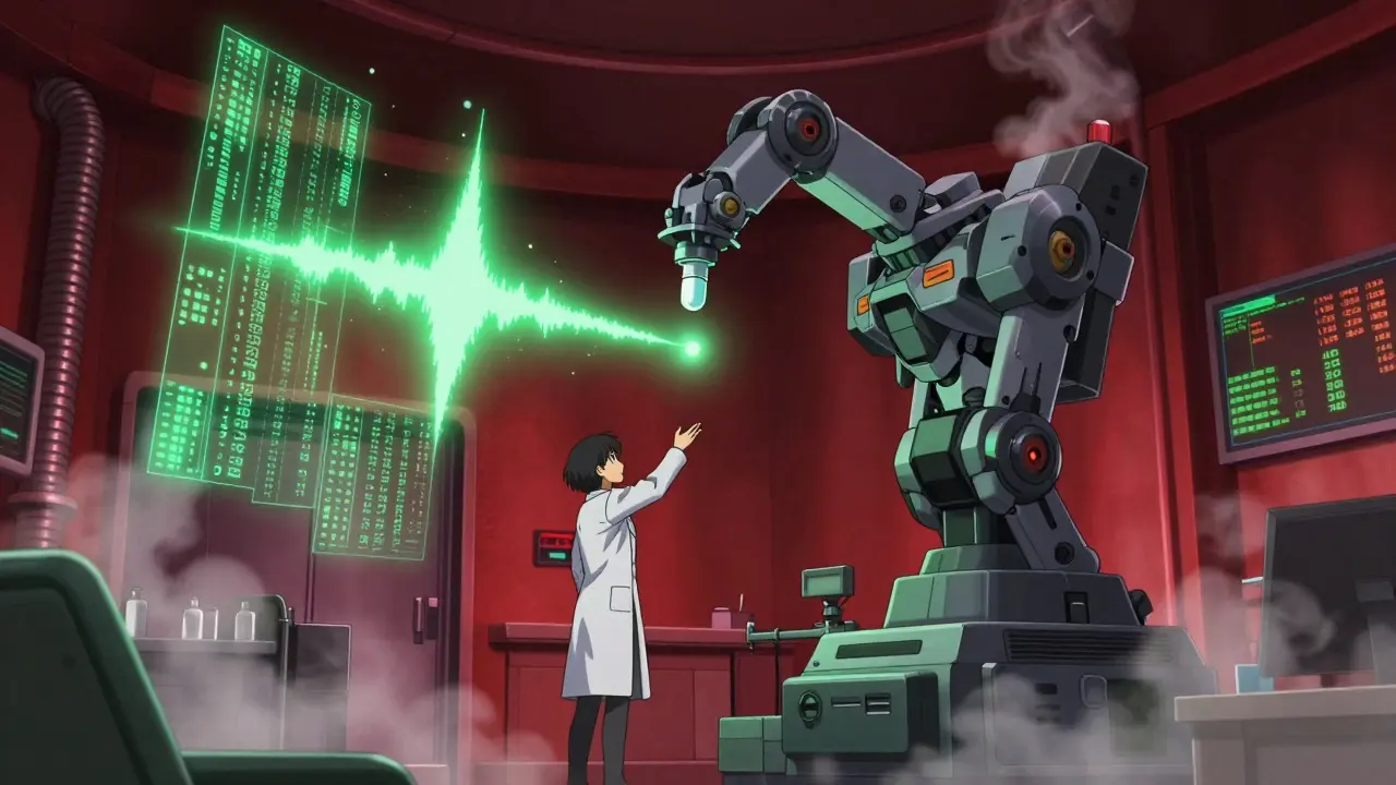 A pharmacist uses a mecha-style spectroscopy device to analyze a pill, with digital codes floating around it.