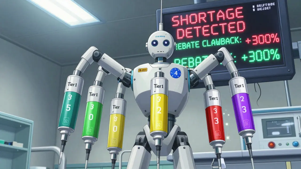 A robotic insulin dispenser with color-coded arms, detecting a drug mismatch in an ICU with real-time cost alerts.