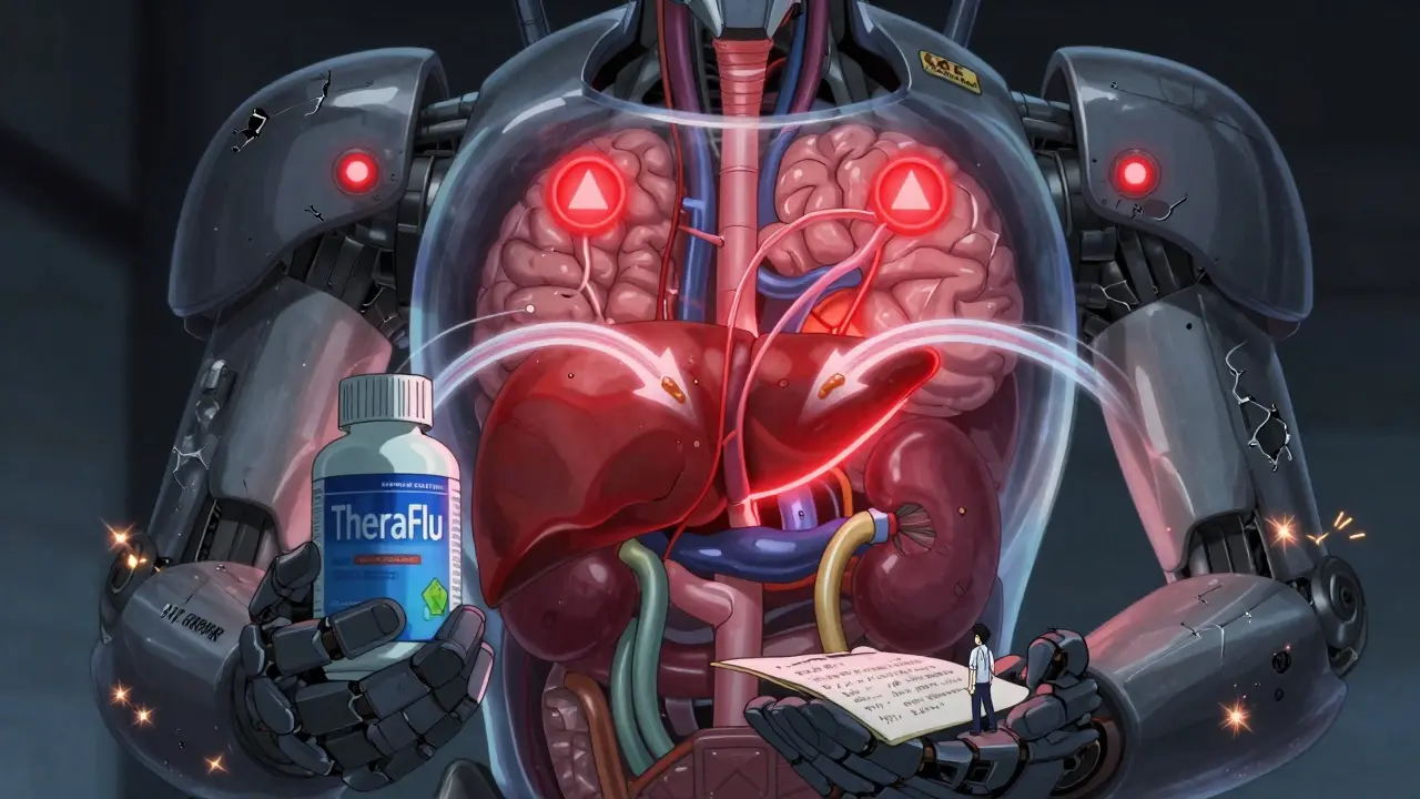 A transparent-figured robot shows overloaded internal organs from combining acetaminophen pills, with warning glyphs glowing red.