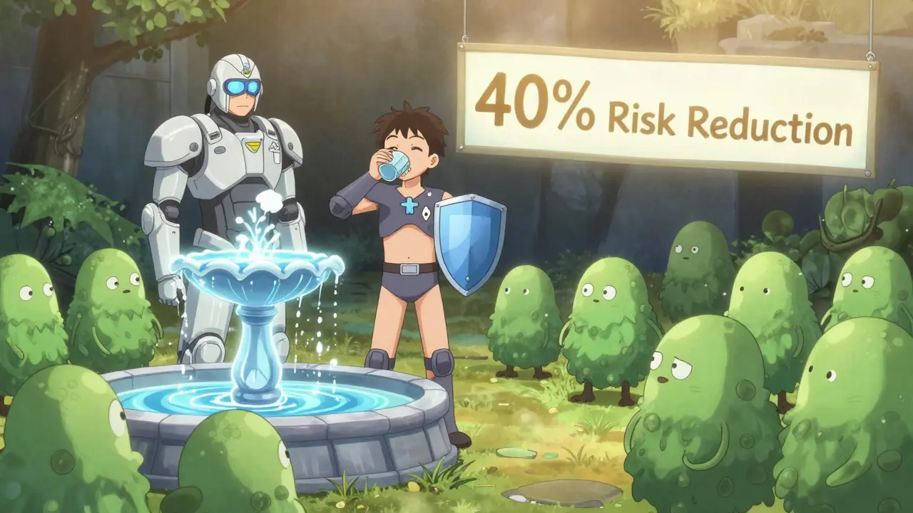 A warrior defending against yeast monsters using hygiene habits—rinsing, drinking water, and wearing cotton—as glowing symbols of protection.