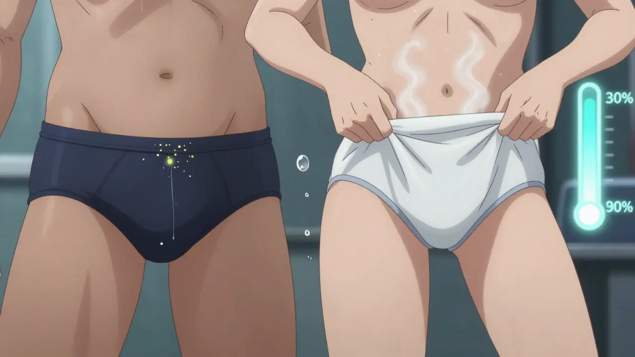 Contrasting tight synthetic underwear releasing yeast spores versus breathable cotton absorbing moisture, with water droplets in the air.