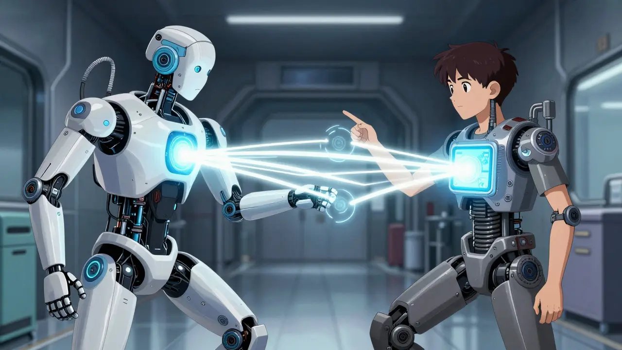 Doctor and patient robots sharing a data connection beam in a medical setting.