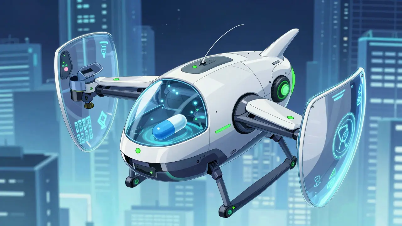 Futuristic medical drone with protective safety shields