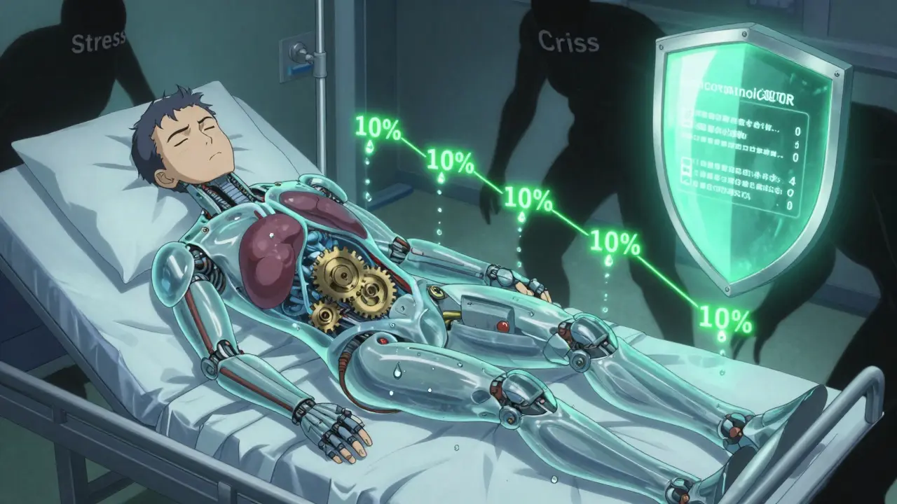 Internal adrenal glands reactivating like mechanical systems during a slow, guided steroid taper with glowing progress markers.