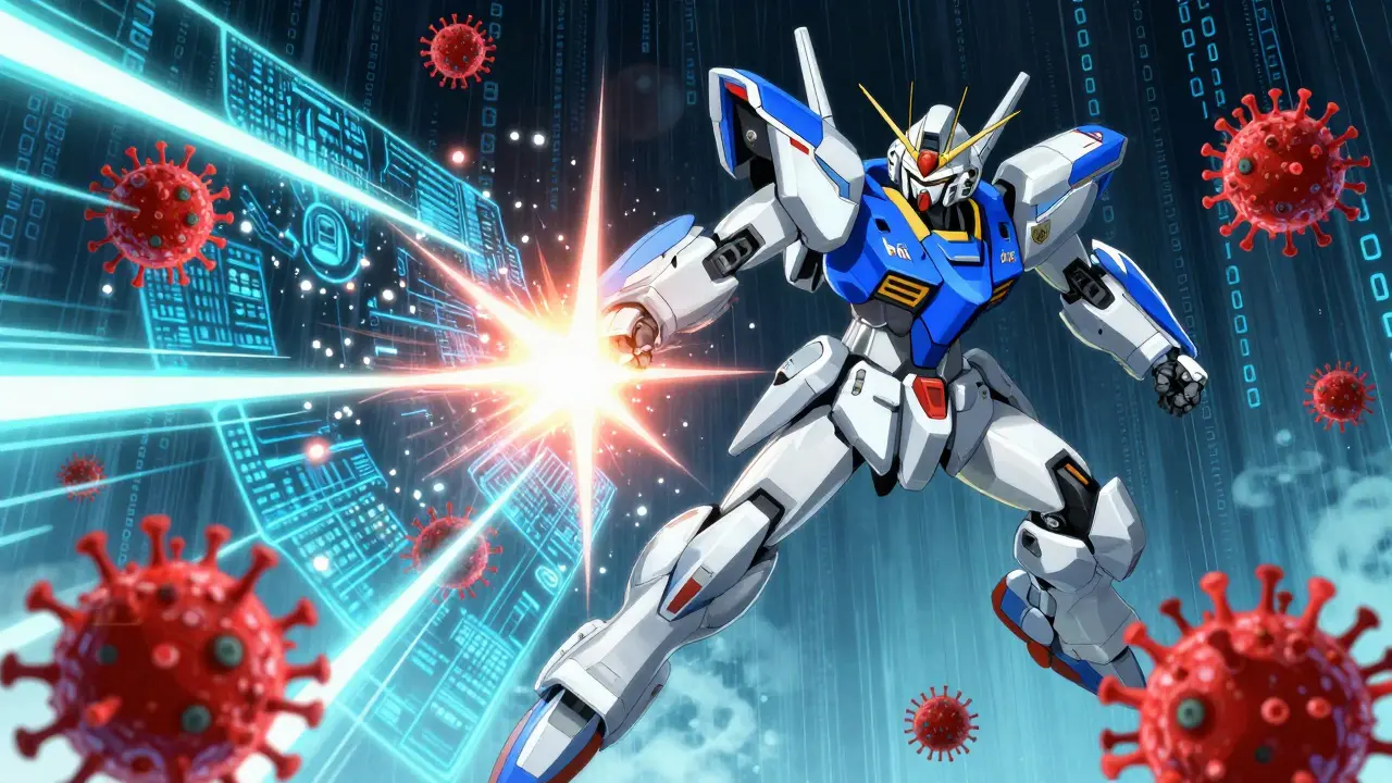 Mecha deploying digital firewalls against red virus drones