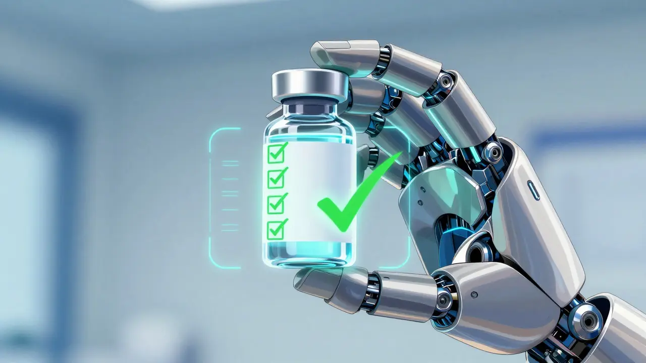 Robotic hand scanning a medicine vial with green holographic safety checkmarks.