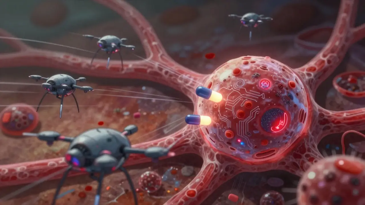 Tiny robotic drones delivering cargo to a cellular target structure.