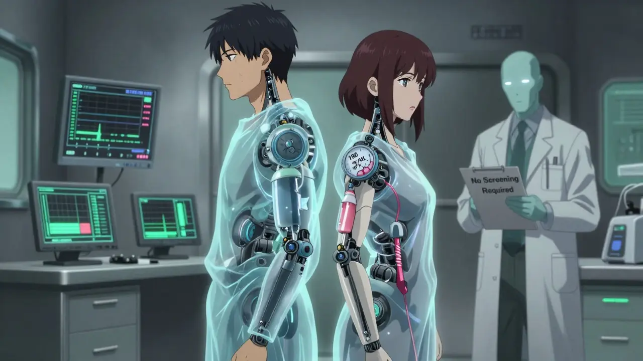 Two patients in robotic exoskeletons with leaking hormone systems, a doctor turning away in a cyberpunk clinic.