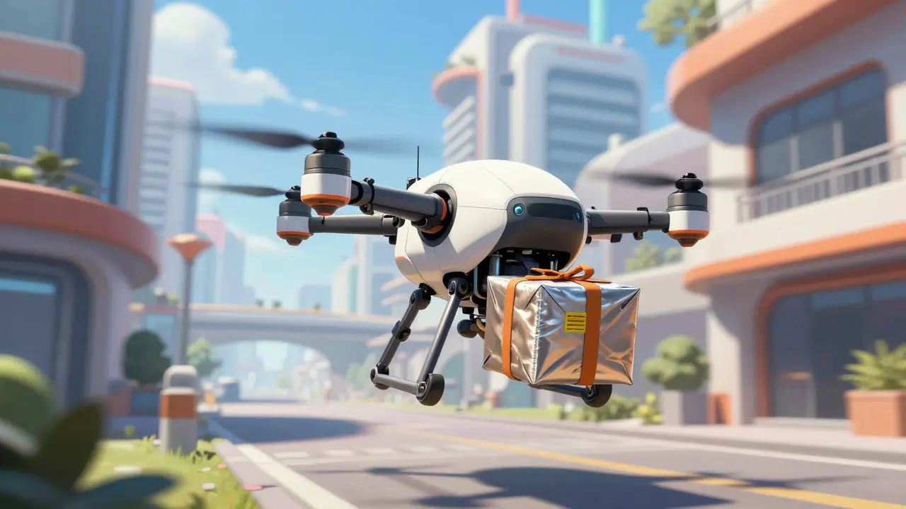 A futuristic mechanical drone delivering a medical package through a bright city.