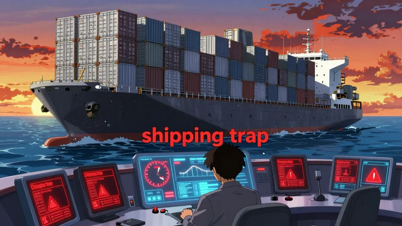 A massive futuristic cargo ship on the ocean with a character monitoring delayed shipping on holographic screens.