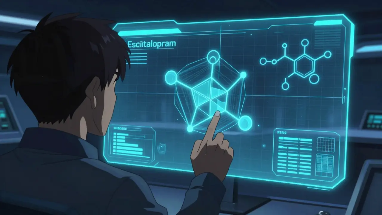 A mecha pilot analyzing a glowing chemical structure on holographic screens.