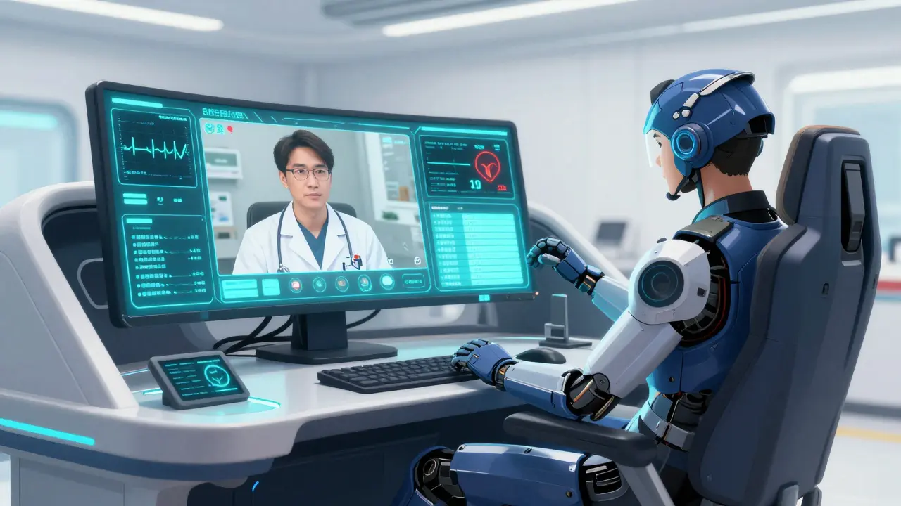 A mecha pilot in a futuristic cockpit having a holographic medical consultation.