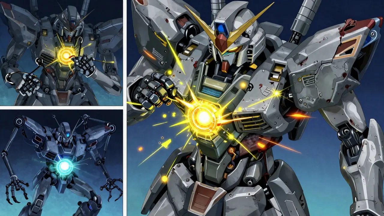 Close-up of mecha armor with precision repairs and signs of structural corrosion