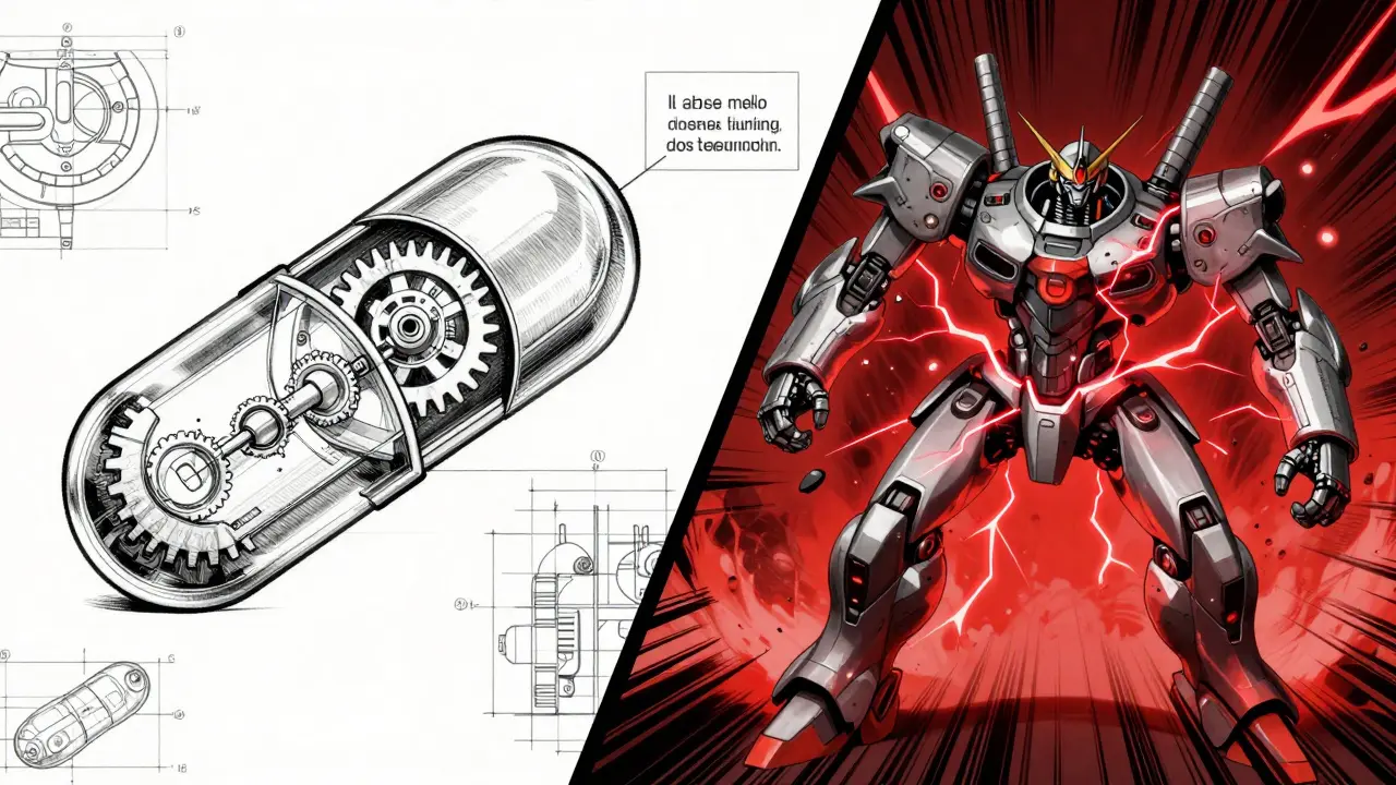 Diagram of a shattered extended-release pill with red warning sparks