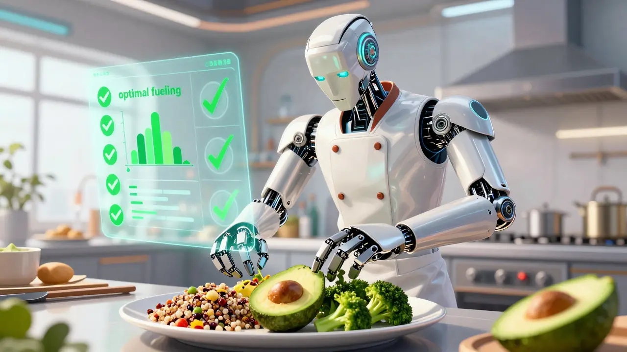 Futuristic android preparing a low-GI meal with healthy vegetables and quinoa
