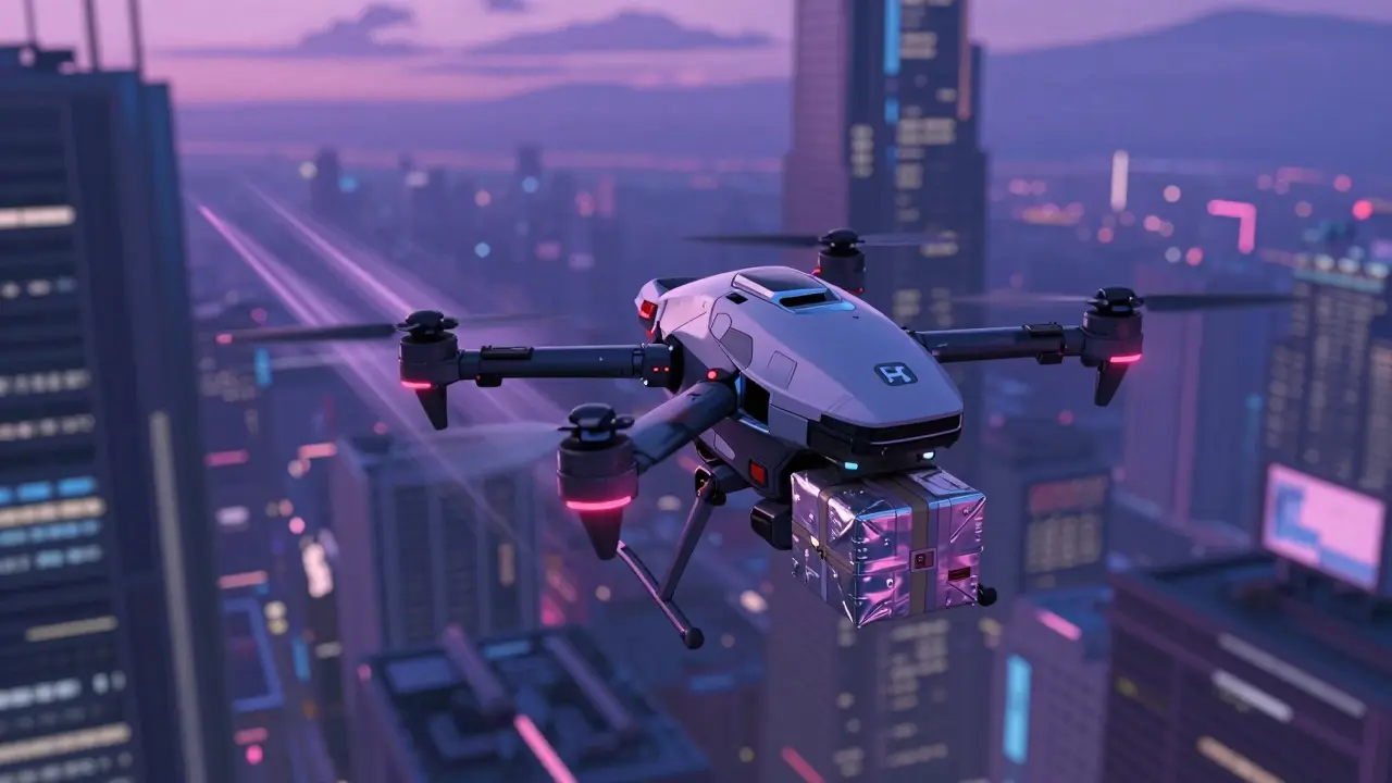 Futuristic delivery drone transporting medical package over a neon city in mecha anime style