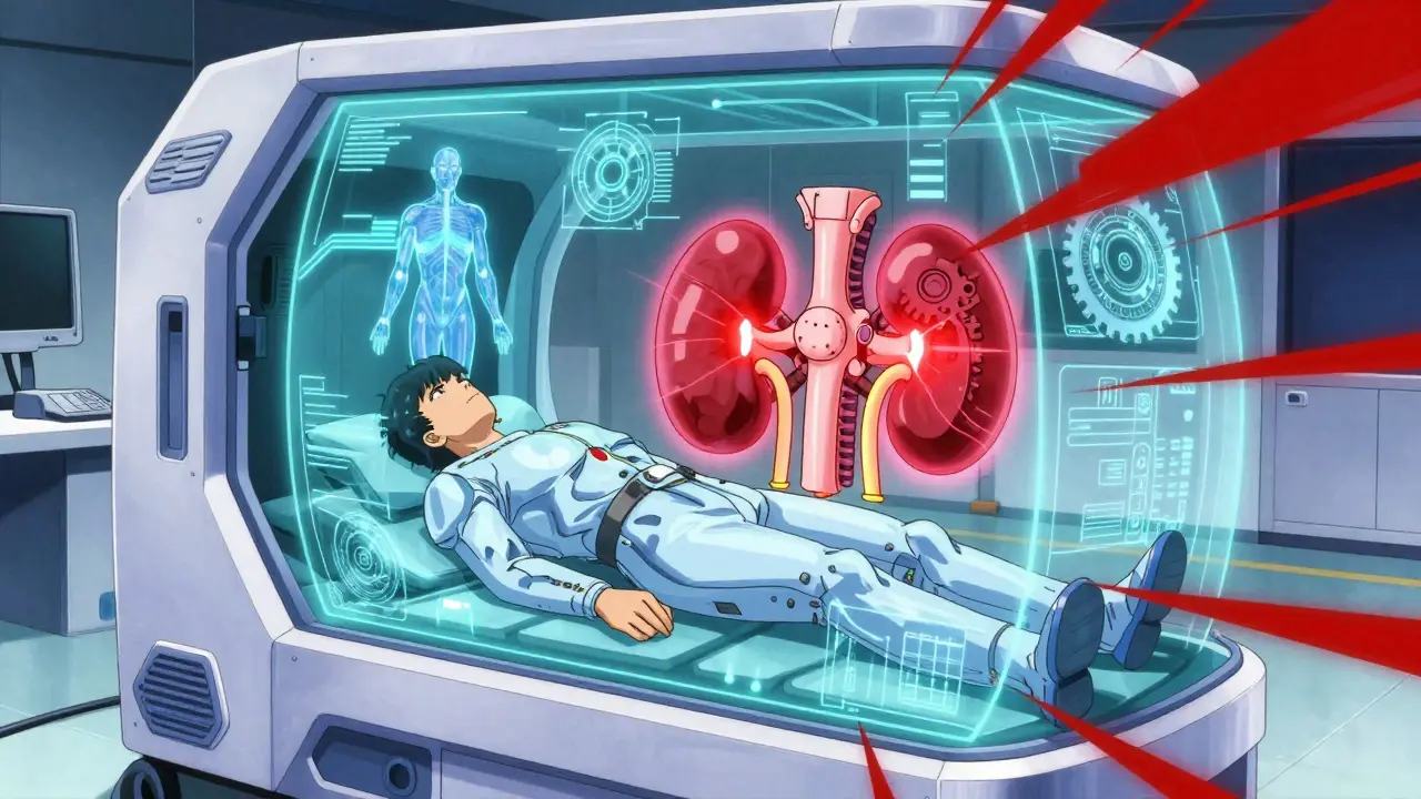 Futuristic holographic scan showing mechanical gears of kidneys and joints overheating in a diagnostic bay.