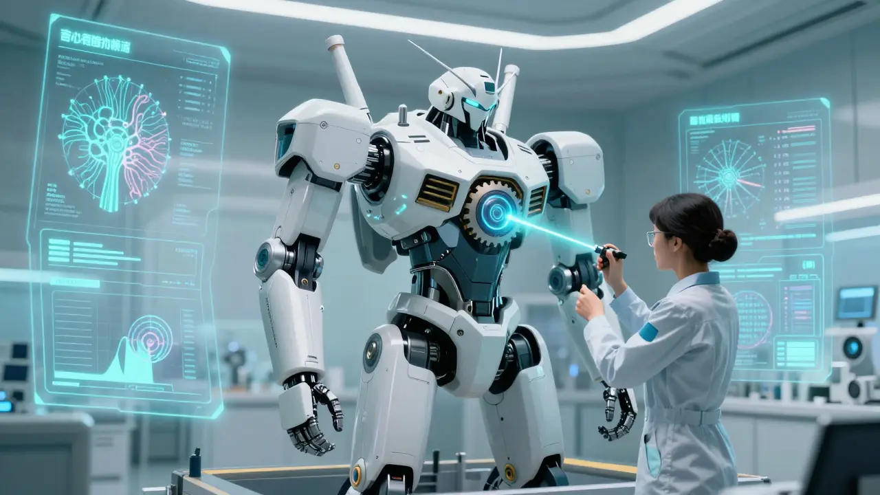 Futuristic mecha in a lab with holographic screens and precision medical calibration