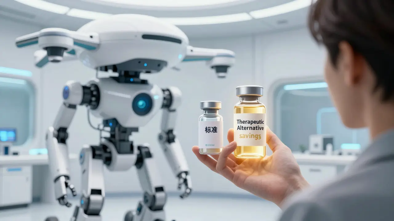 Futuristic medical drone presenting a lower-cost therapeutic alternative drug in an anime style.