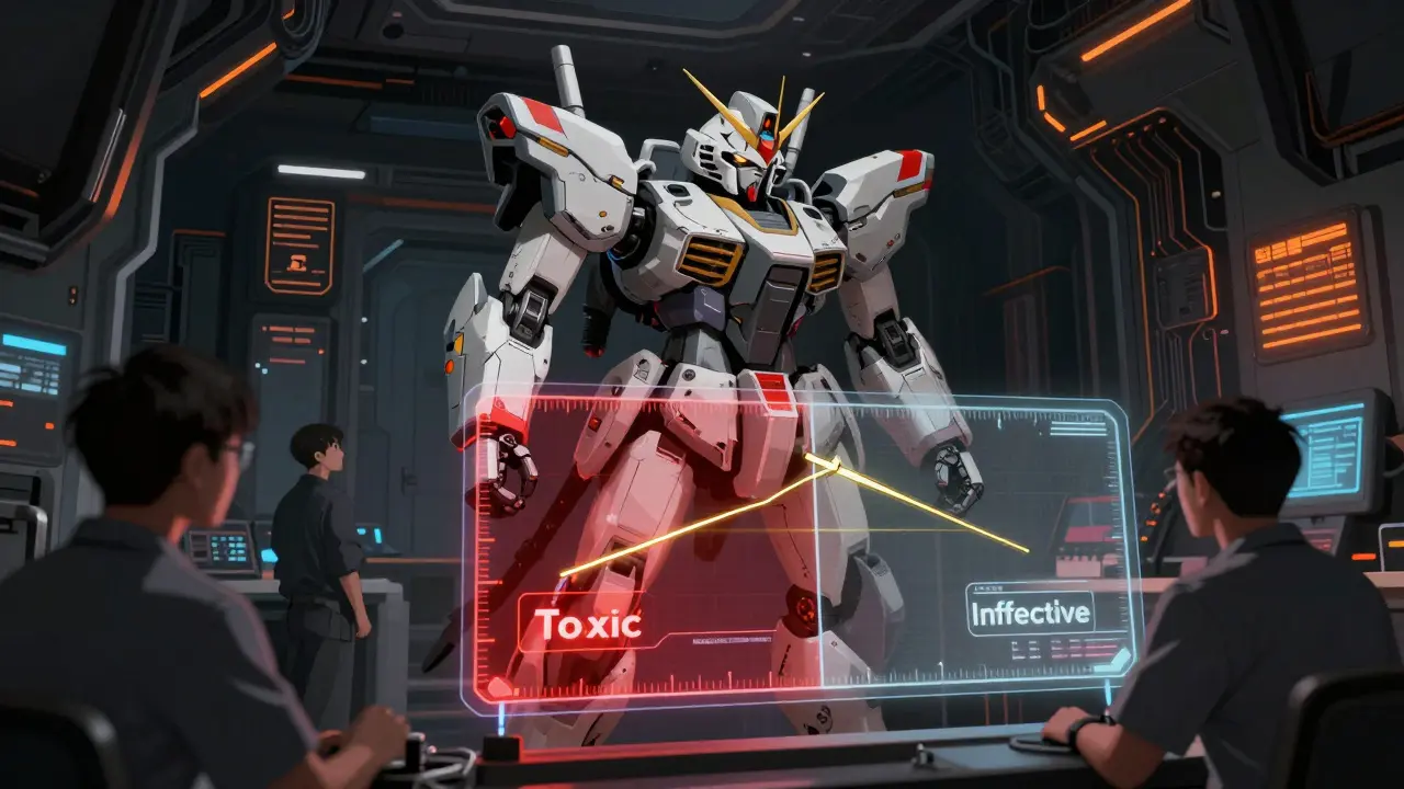 Mecha calibration gauge showing a needle balanced on a thin line between toxic and ineffective zones.