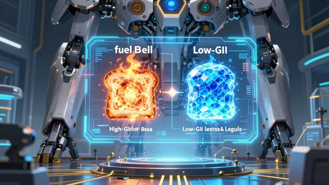 Mecha lab showing a holographic comparison of unstable and stable energy cores