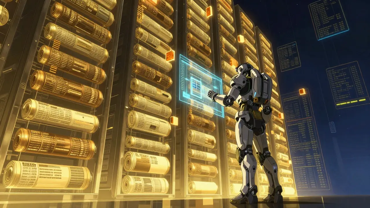 Mecha style doctor in an exoskeleton searching a massive holographic drug database