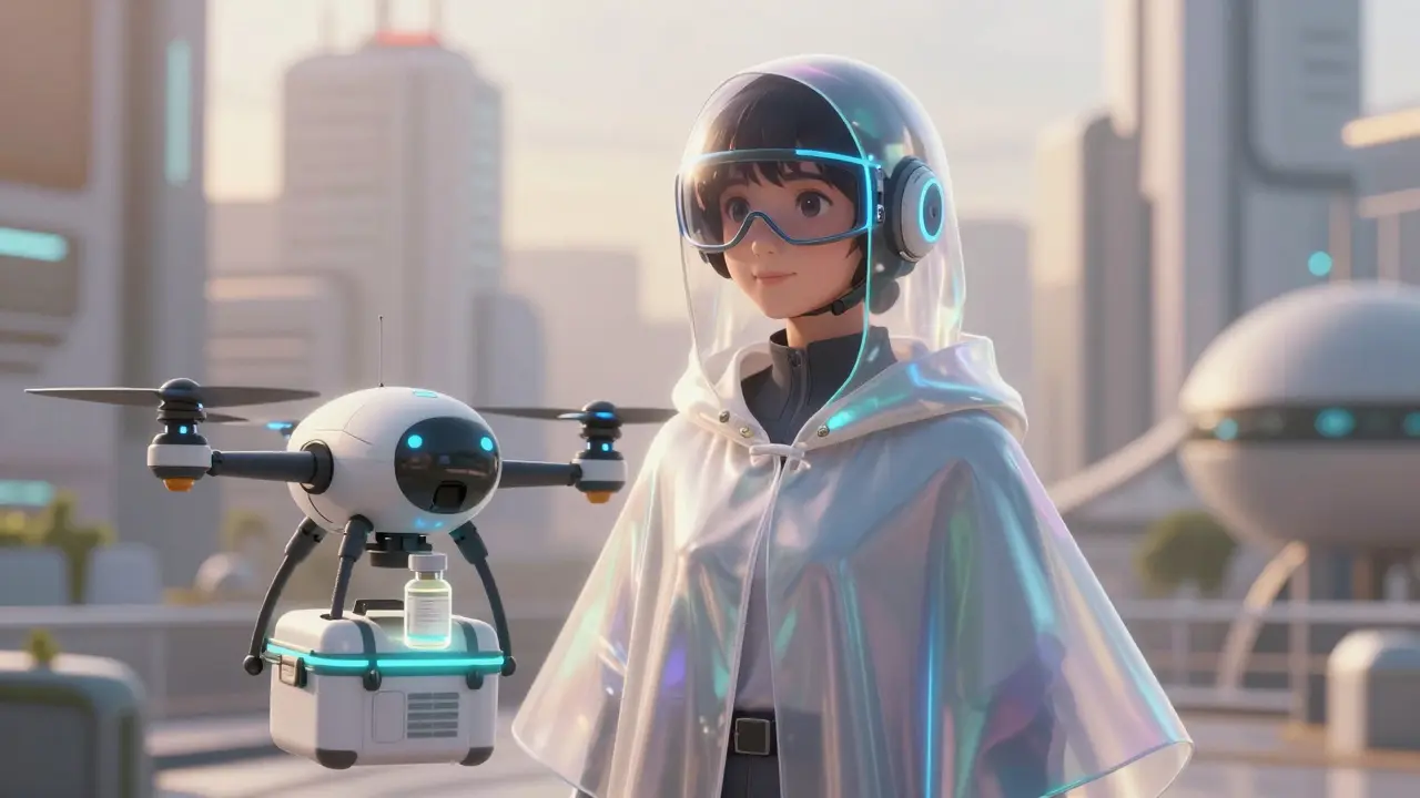Person in high-tech UV-shielding gear with a medical drone in a sunny futuristic city.