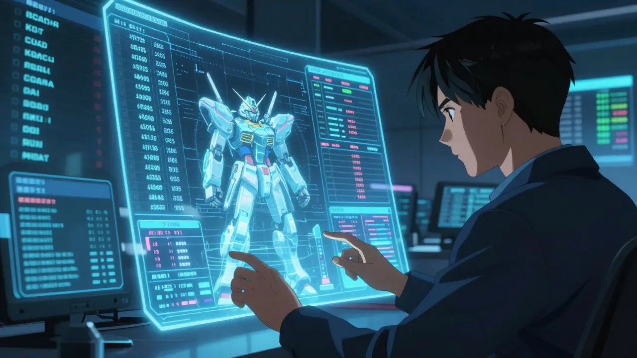 Person using a futuristic mecha-style holographic interface to compare prescription drug prices.
