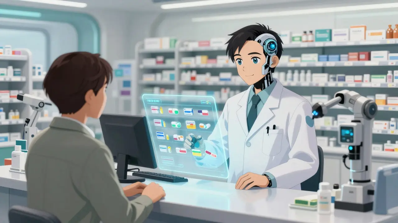Pharmacist helping a patient find generic options via a holographic screen