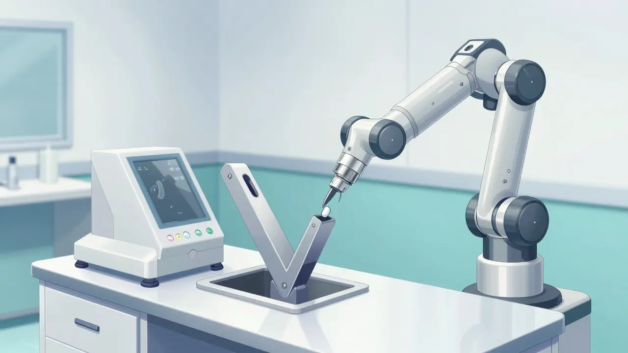 Precise robotic pill splitter device on a clean white medical workstation