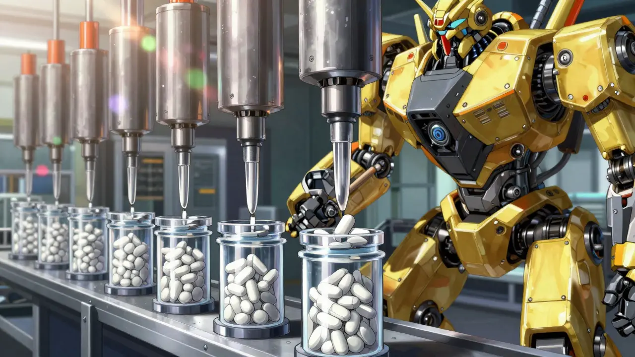 Robotic assembly line organizing medication tablets in mecha anime style