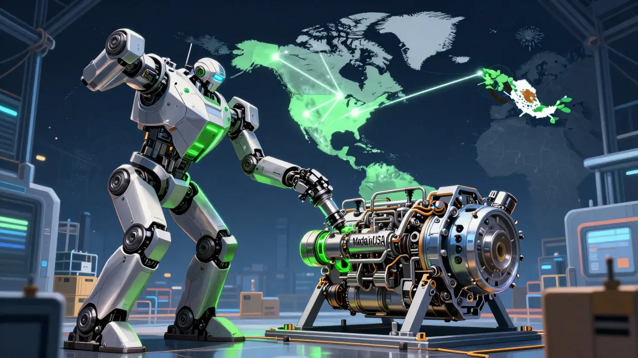 Robotic components being assembled in a high-tech hub symbolizing a hybrid US and Mexico manufacturing strategy.