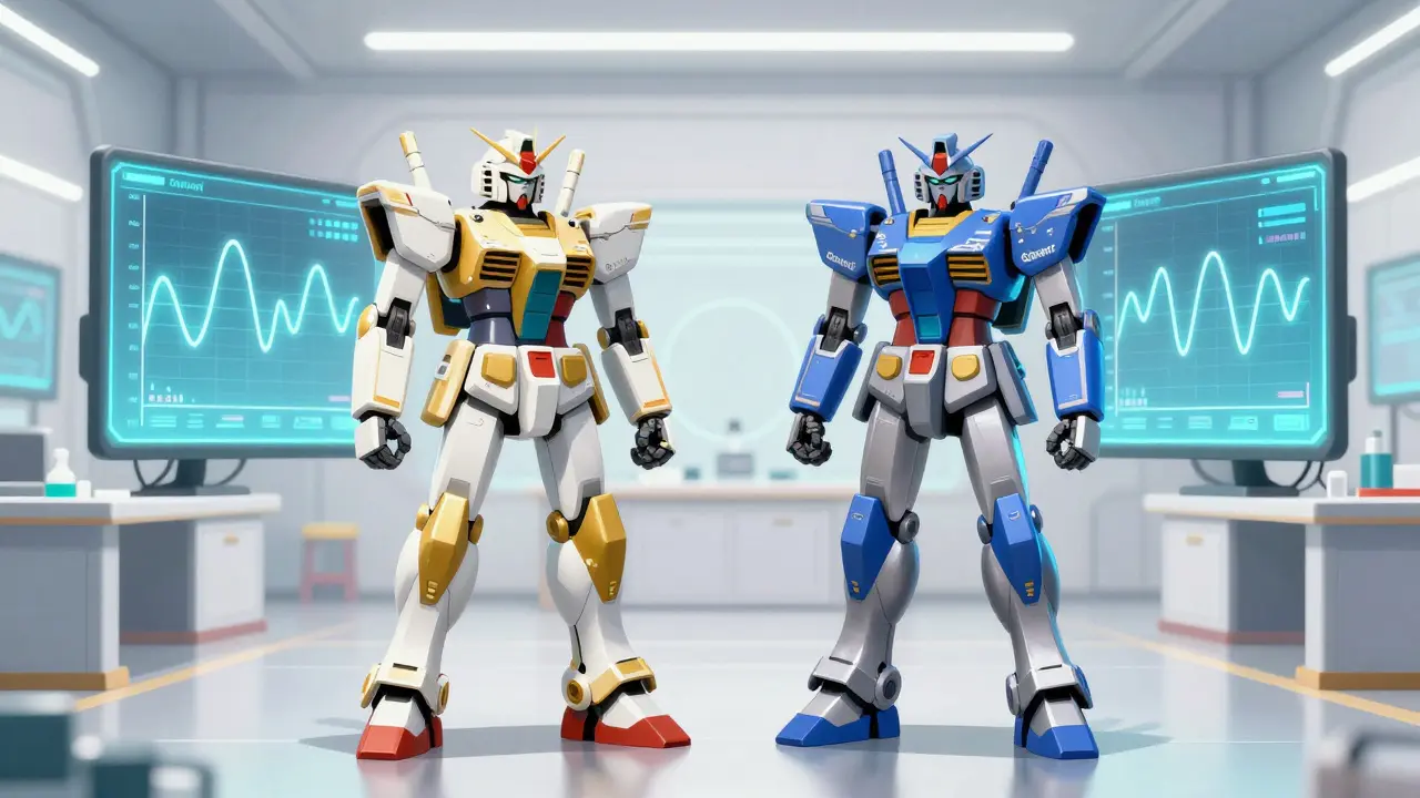 Two identical mecha robots compared side-by-side with matching holographic data curves.