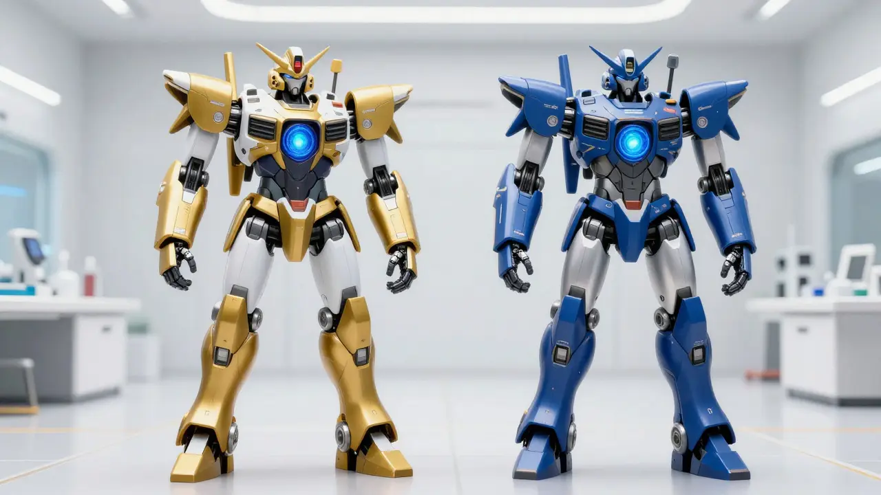 Two identical mechas, one gold and one silver, showing they are biologically equivalent.