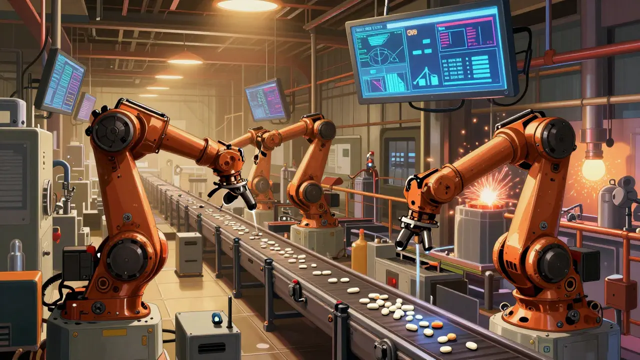 Automated robotic assembly line producing generic medications.
