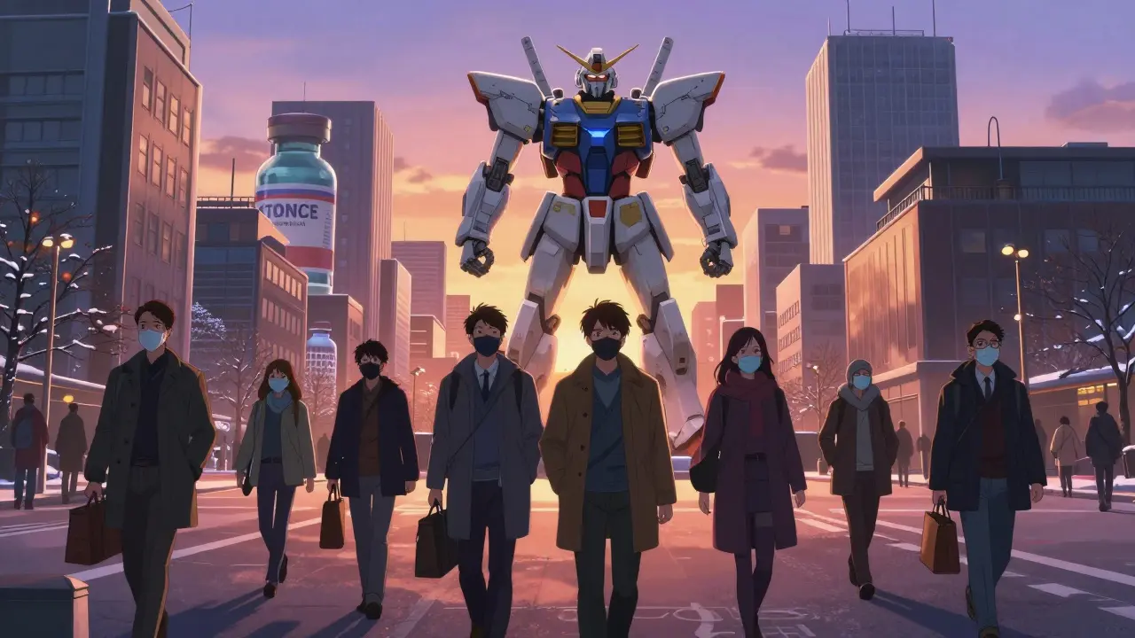 Citizens walking in a city with mecha health monuments