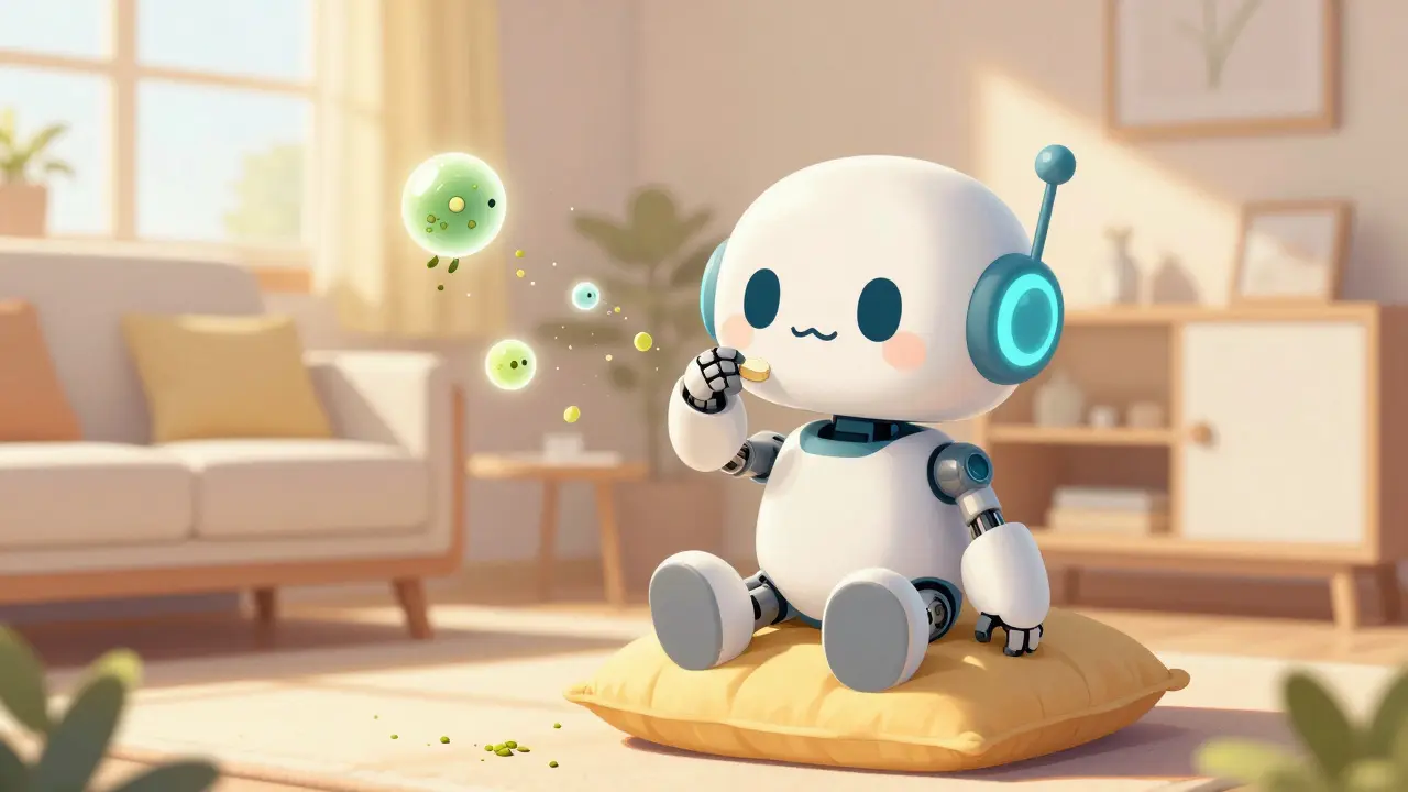 Cute mecha robot taking a sublingual tablet at home with floating allergens