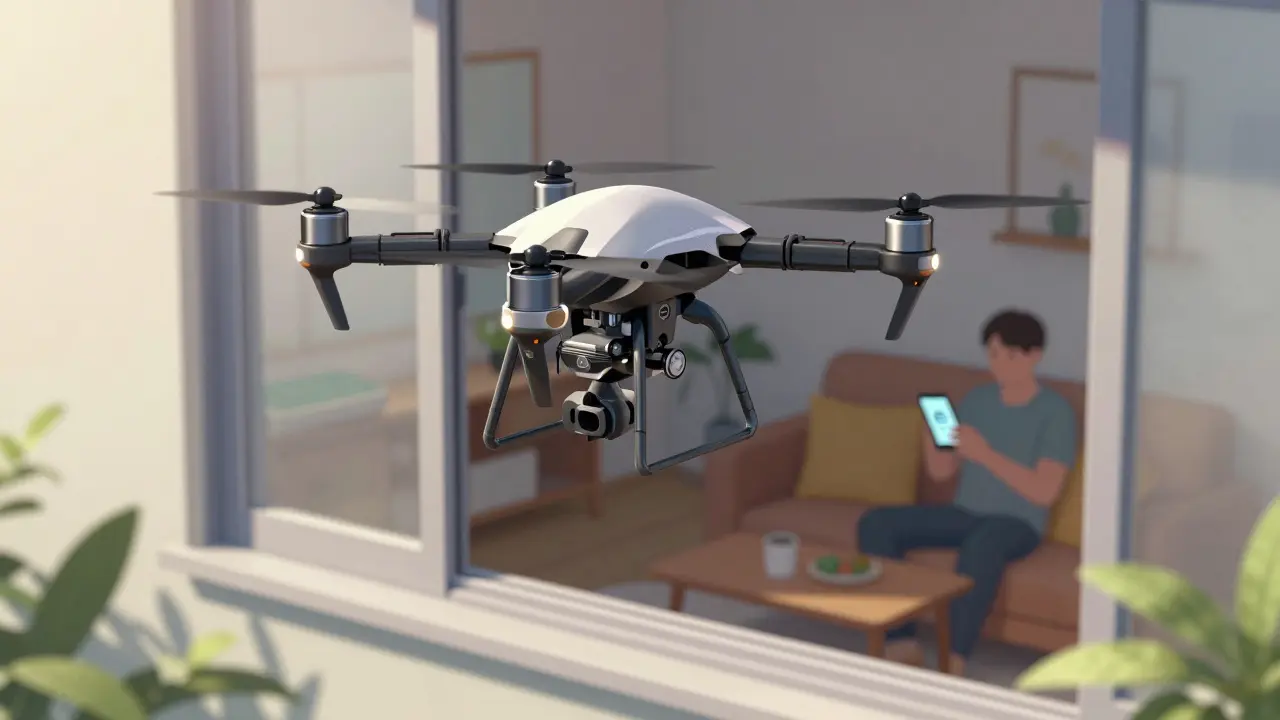 Delivery drone bringing medication to a customer's home window.