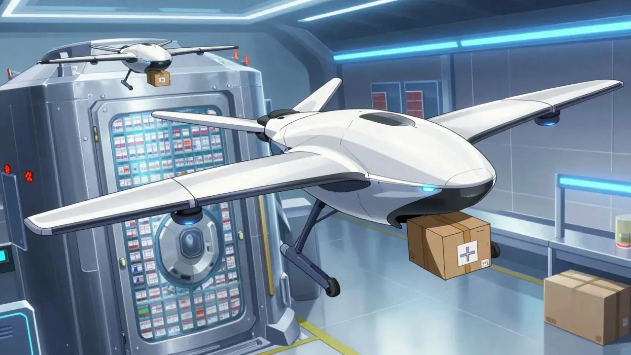 Futuristic delivery drone carrying medicine package in high-tech warehouse