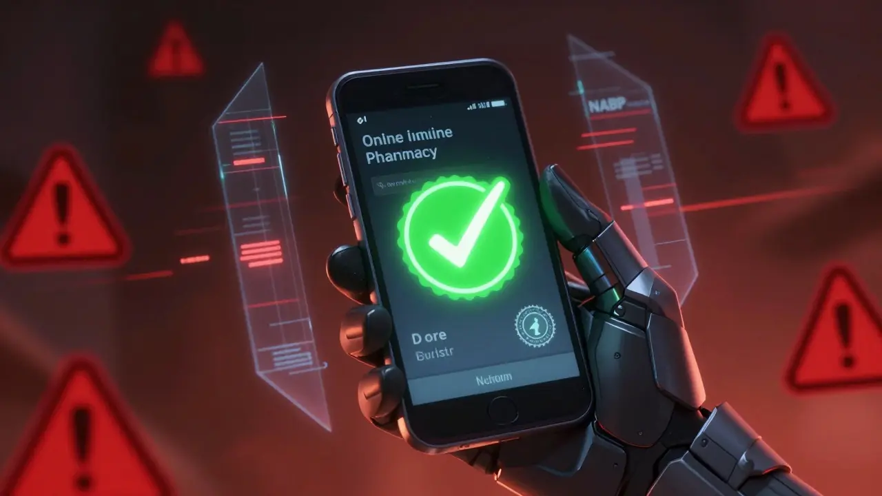 Gloved hand holding phone with safe pharmacy verification seal