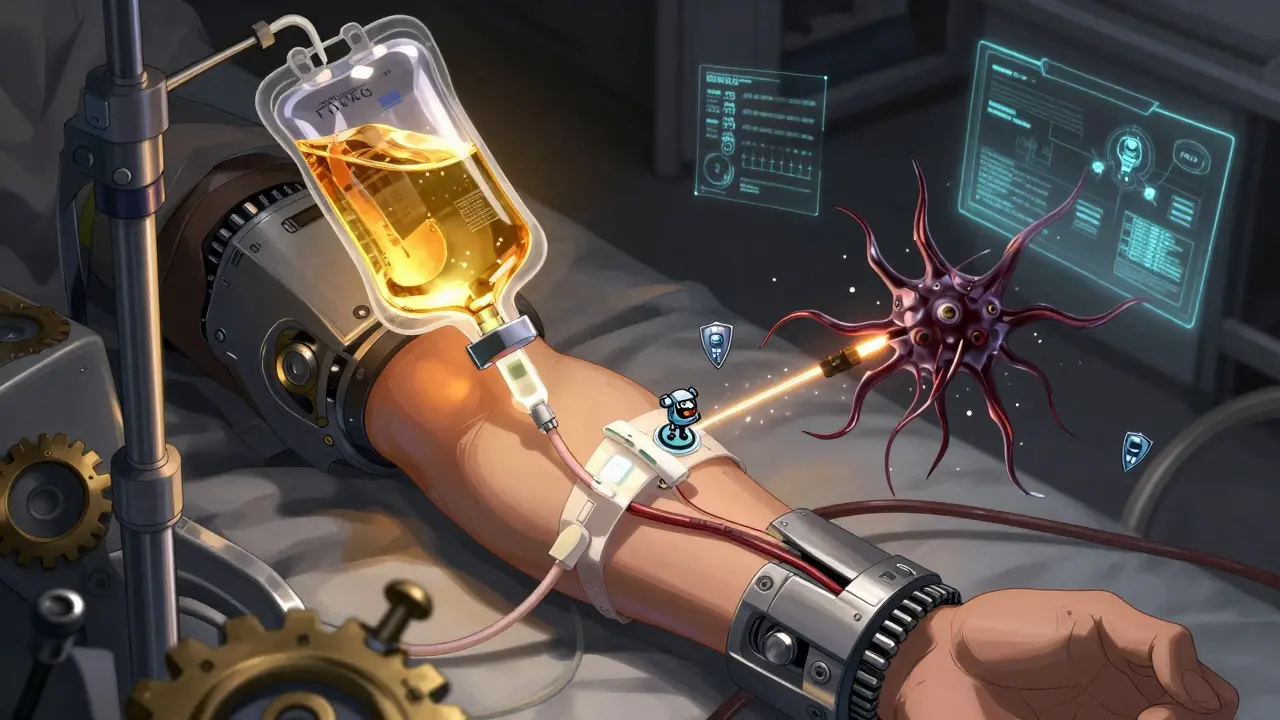 Glowing IVIG antibodies neutralizing attacks on nerves in anime style