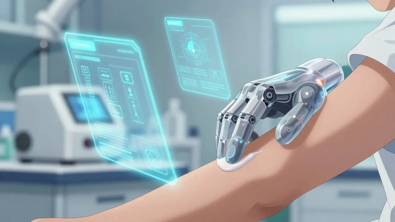 Hand applying cream with holographic safety data overlay in mecha style