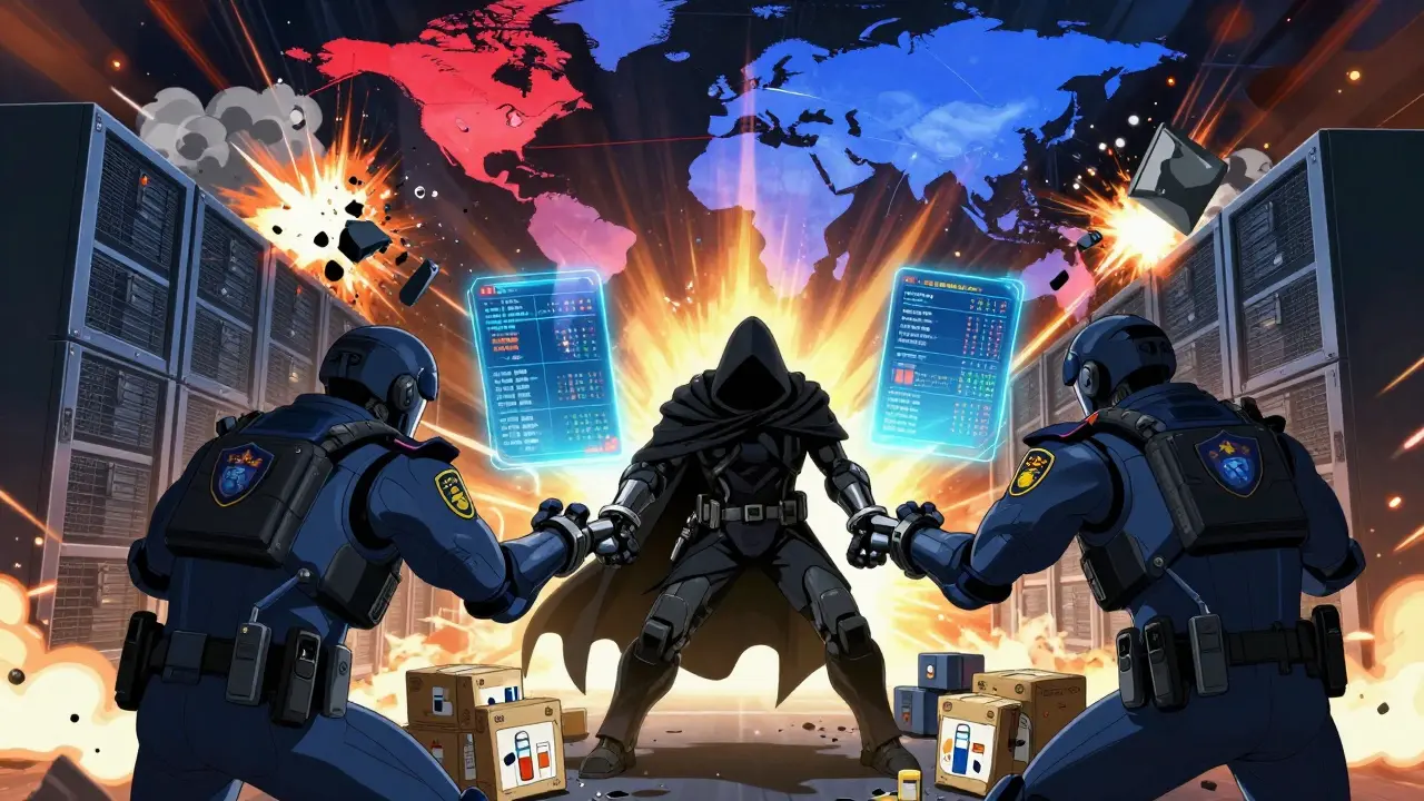 Law enforcement mecha dismantling criminal drug servers