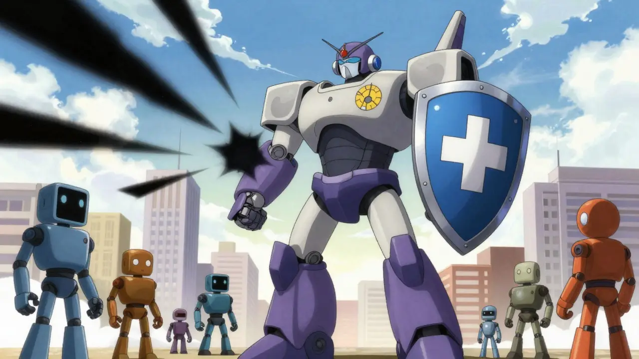 Mecha guardian protecting citizens from healthcare cost barriers.