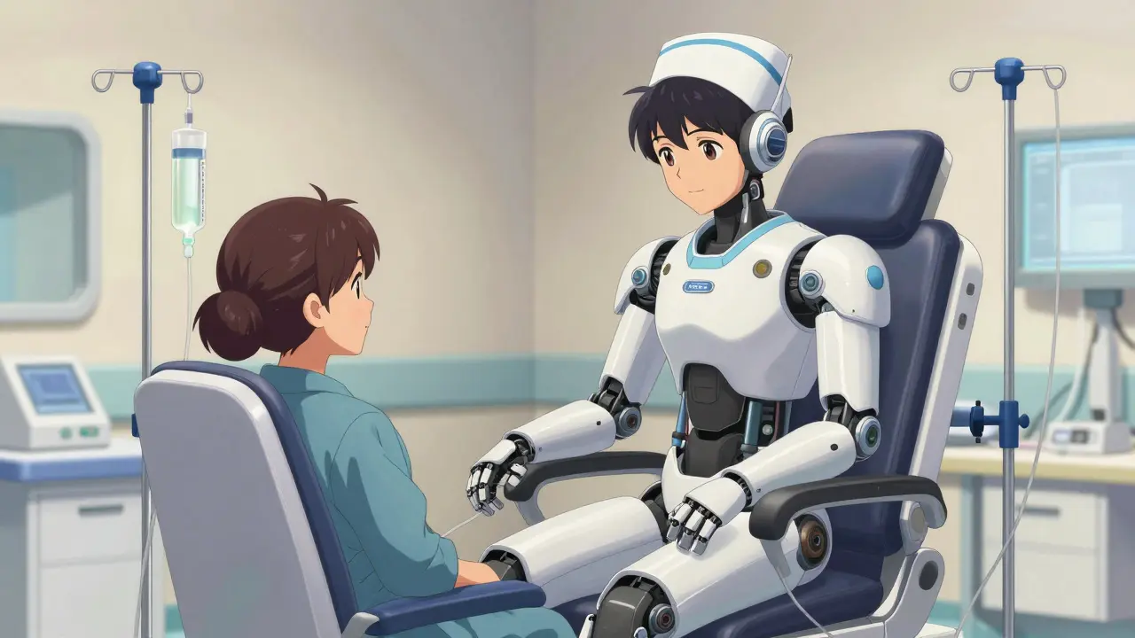 Mecha nurse administering IV treatment to a patient in a modern clinic