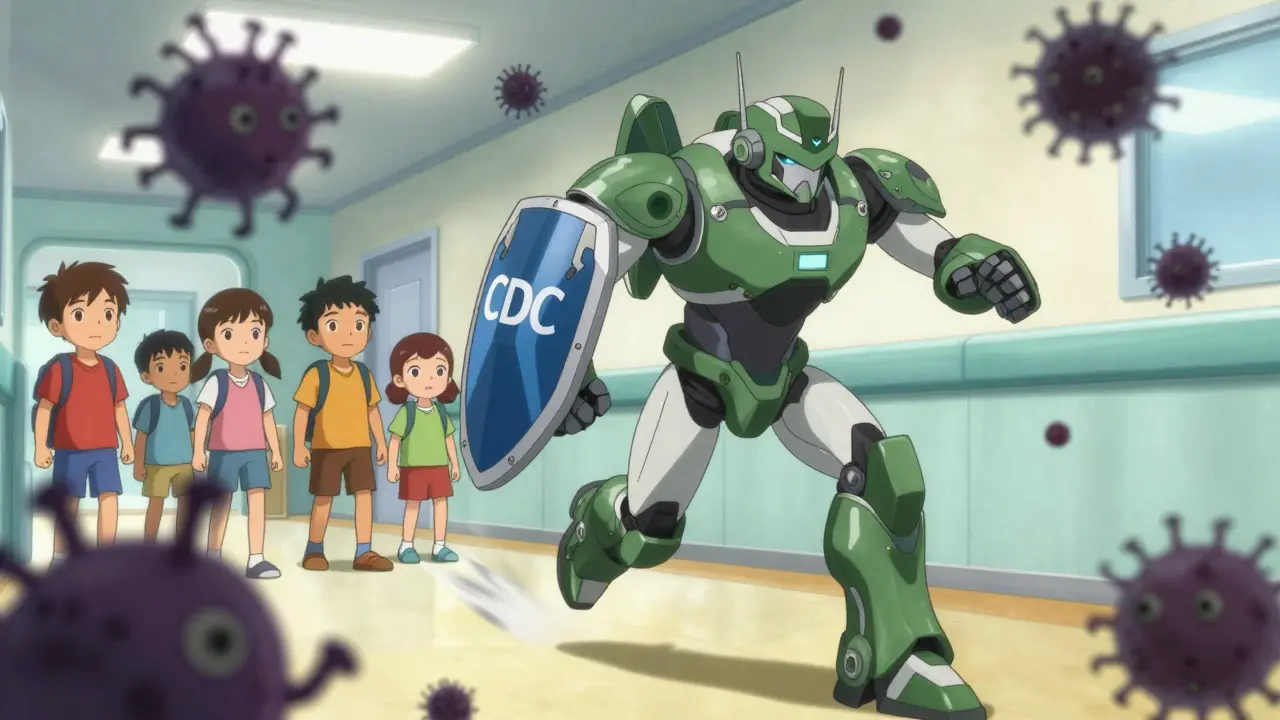 Medical mecha protecting children from shadowy tick monsters in hospital.