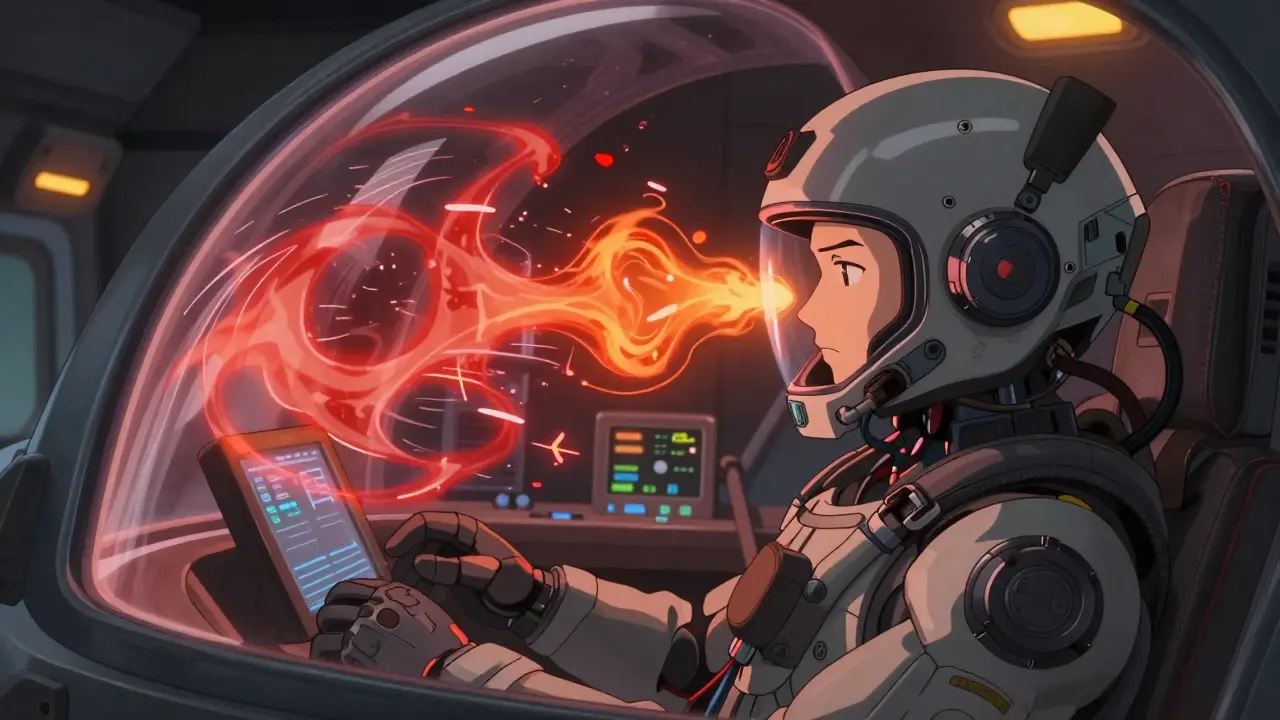Pilot in diagnostic pod battling abstract illness energy waves