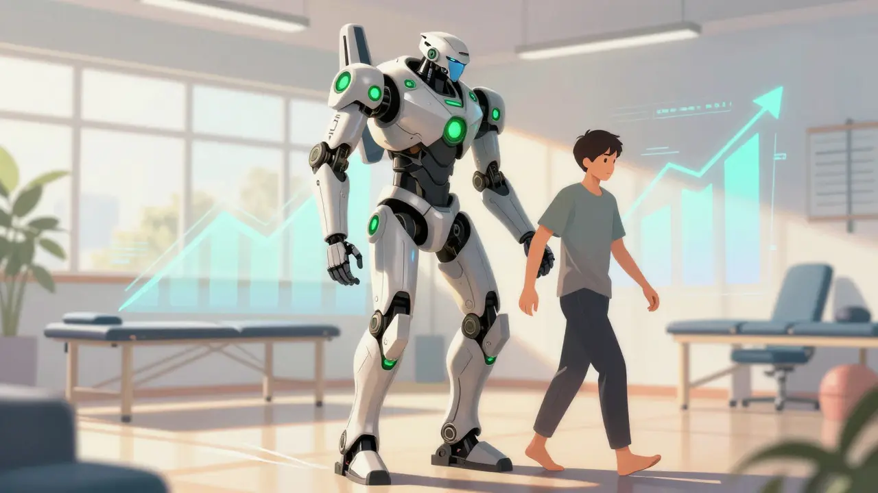 Robot assistant helping patient walk during rehab in mecha anime style