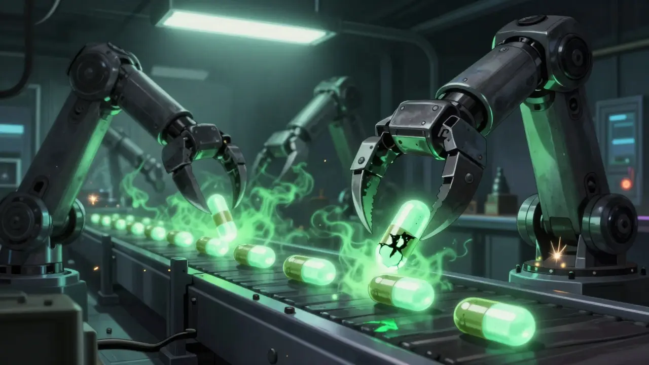 Robotic arms manufacturing fake pills in dark factory