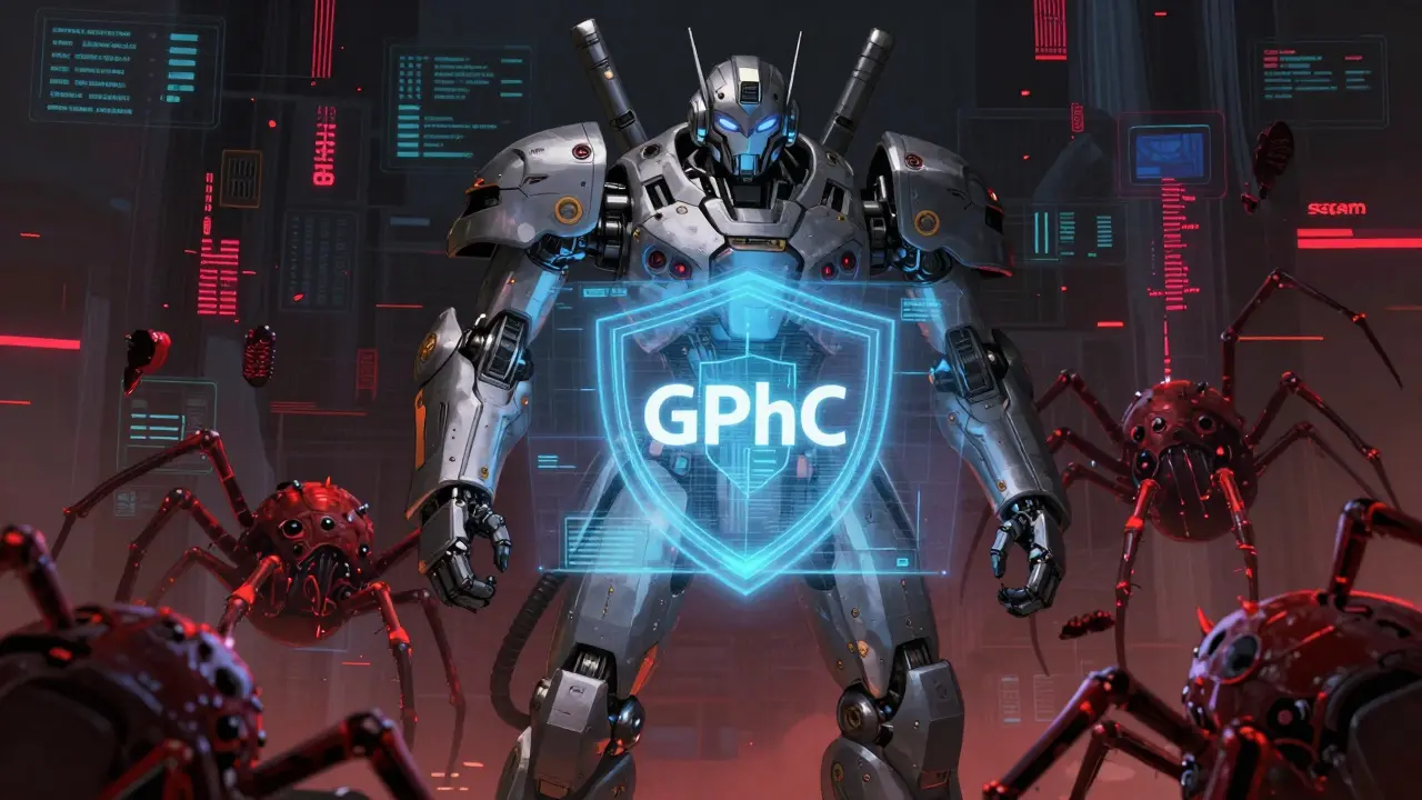 Robotic guardian blocking malicious scam entities with a holographic shield